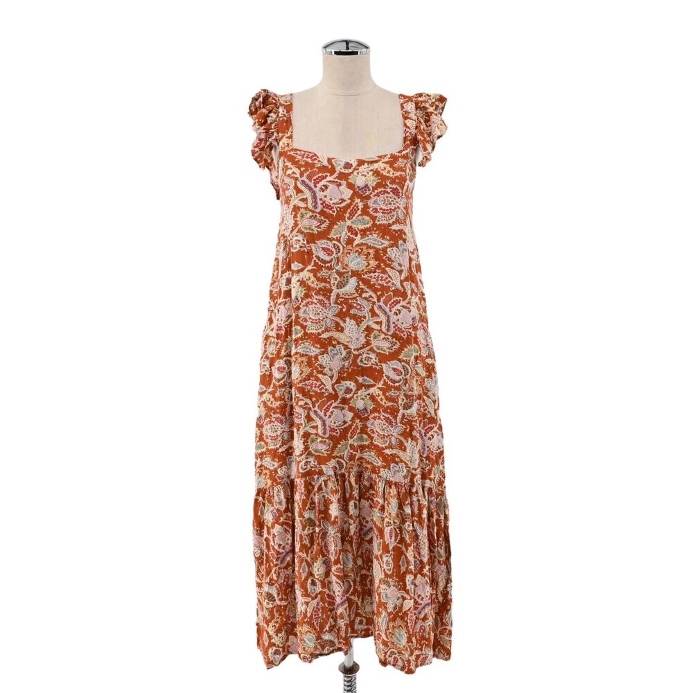 HOUSE OF HARLOW Dress Womens Sz‎ M Rust Floral Print Flutter Sleeve Midi Paisley